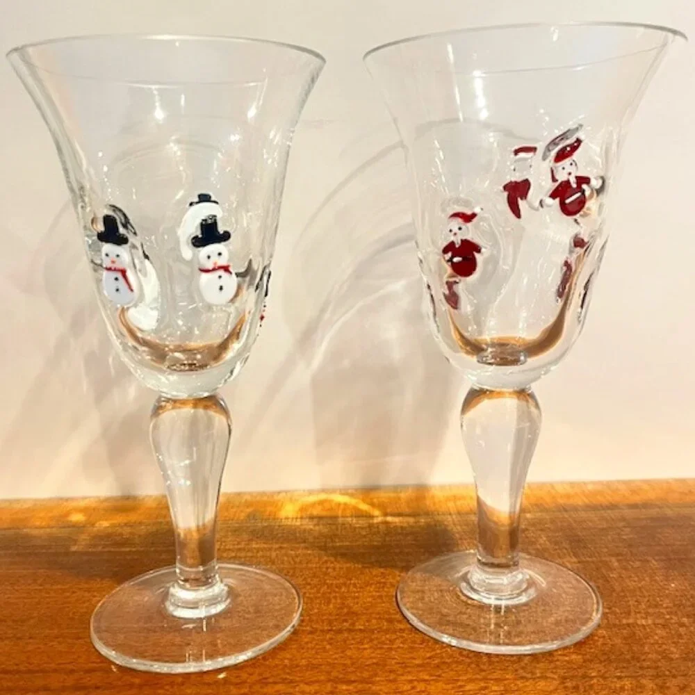 Set of (2) Crate & Barrel 8oz Blown Glass Fused Snowmen Santa Wine Goblet Glass